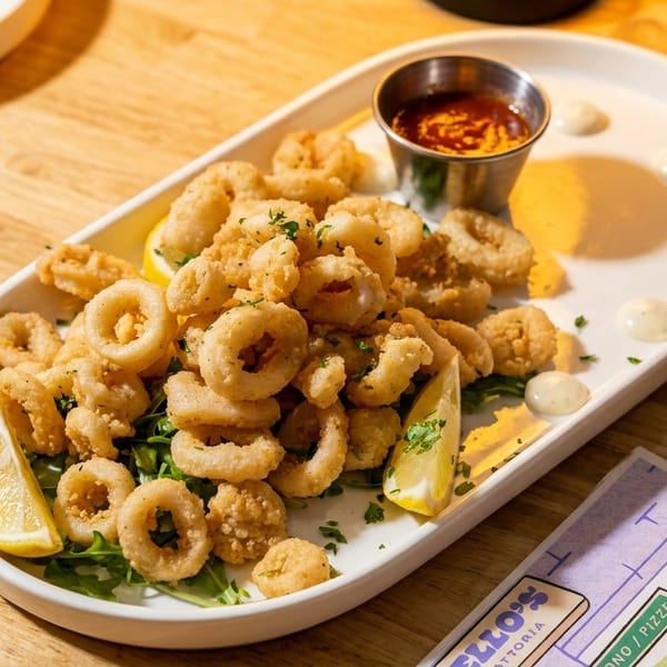 Crispy fried calamari with lemon wedges, parsley, and dipping sauces on a white platter.