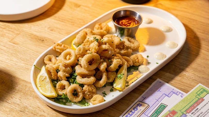 Crispy fried calamari with lemon wedges, parsley, and dipping sauces on a white platter.