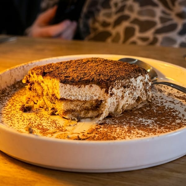A partially eaten tiramisu dessert, dusted with cocoa powder, on a white plate with a spoon.