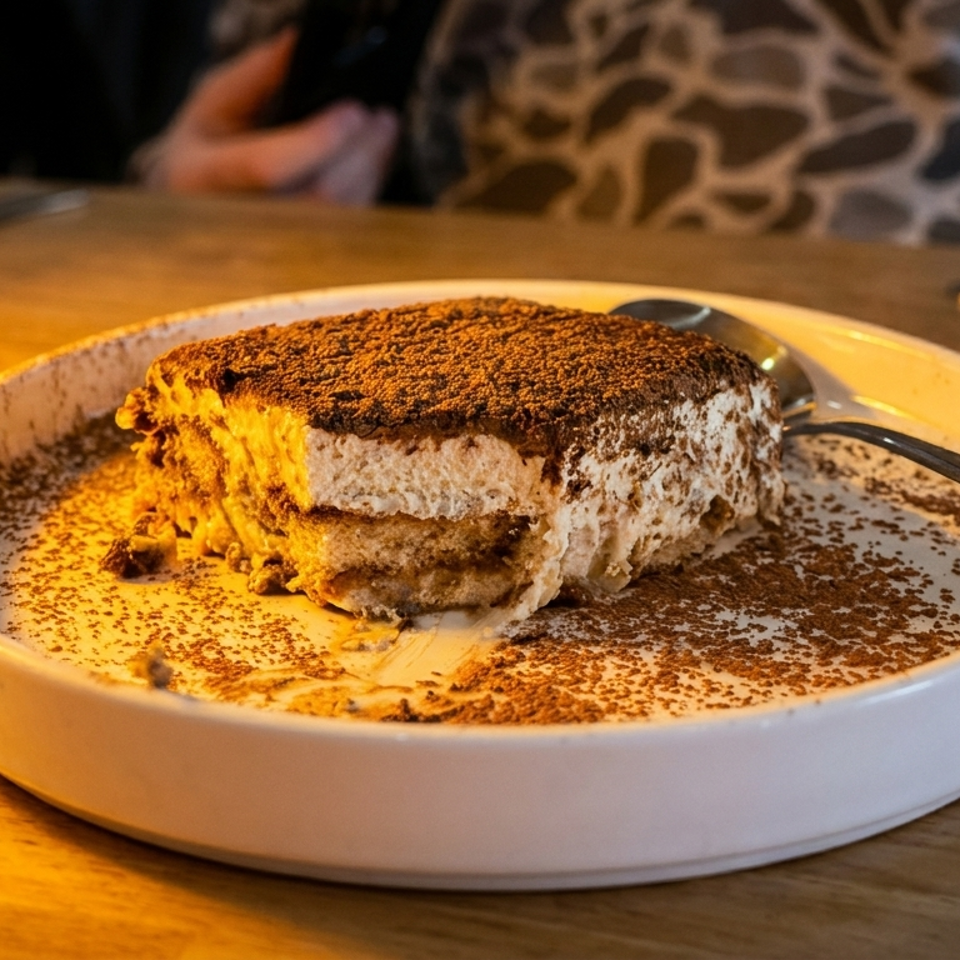 A partially eaten tiramisu dessert, dusted with cocoa powder, on a white plate with a spoon.