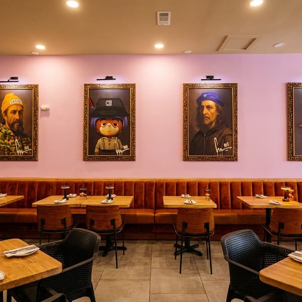 Restaurant interior with pink walls, brown booths, wooden tables, and five framed portraits.